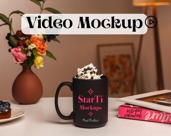 Black coffee mug Video mockup 15 oz Cup Video Drinkware mock-up Trendy