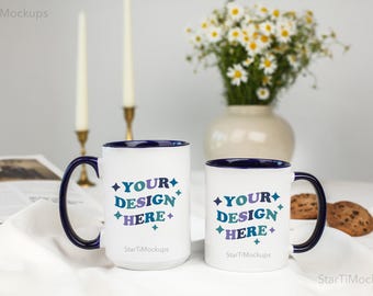 Navy accent mugs mockup Two tone coffee cups 11oz 15oz  Colorful mug size mockup