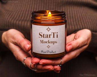 Amber candle mockup PSD Lumient scented soy candle mock-up Real 9 oz candle jar mock POD listing image