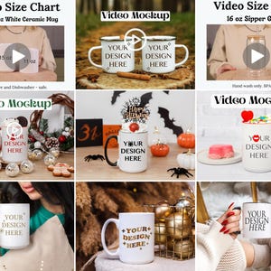 K&ouml;nnte beinhalten: Video-Mockup, das verschiedene M&ouml;glichkeiten zeigt, eine wei&szlig;e Keramiktasse mit 11 und 15 Unzen zu pr&auml;sentieren. Die Tasse wird vor verschiedenen Hintergr&uuml;nden und Requisiten gezeigt, darunter ein Weihnachtsbaum, eine Halloween-Szene und ein Herbst-Setting. Der Text "Your Design Here" ist auf der Tasse zu sehen.