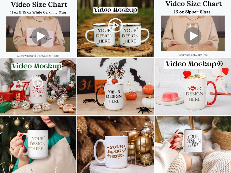 K&ouml;nnte beinhalten: Video-Mockup, das verschiedene M&ouml;glichkeiten zeigt, eine wei&szlig;e Keramiktasse mit 11 und 15 Unzen zu pr&auml;sentieren. Die Tasse wird vor verschiedenen Hintergr&uuml;nden und Requisiten gezeigt, darunter ein Weihnachtsbaum, eine Halloween-Szene und ein Herbst-Setting. Der Text "Your Design Here" ist auf der Tasse zu sehen.