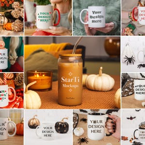 K&ouml;nnte beinhalten: Eine Sammlung wei&szlig;er Keramikbecher mit dem Aufdruck "Your Design Here". Die Becher werden in verschiedenen Umgebungen gezeigt, darunter eine Herbst-Szene mit K&uuml;rbissen und eine Halloween-Szene mit Flederm&auml;usen und Spinnen.