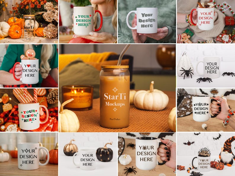 K&ouml;nnte beinhalten: Eine Sammlung wei&szlig;er Keramikbecher mit dem Aufdruck "Your Design Here". Die Becher werden in verschiedenen Umgebungen gezeigt, darunter eine Herbst-Szene mit K&uuml;rbissen und eine Halloween-Szene mit Flederm&auml;usen und Spinnen.