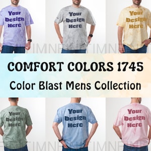Puede incluir: Seis camisetas de diferentes colores tie-dye con el texto "Your Design Here" impreso en la parte delantera. COMFORT COLORS 1745 Colección Color Blast para Hombres.