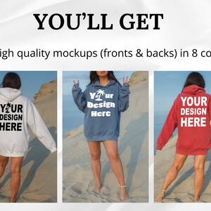 Puede incluir: Tres mujeres con sudaderas con capucha de diferentes colores con el texto "Your Design Here" en la parte delantera. Las sudaderas con capucha son blancas, azules y rojas.