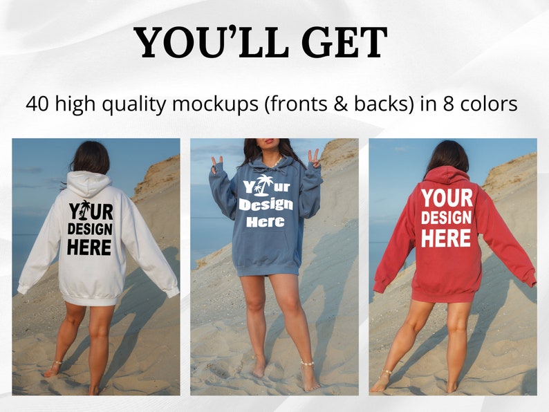 Puede incluir: Tres mujeres con sudaderas con capucha de diferentes colores con el texto "Your Design Here" en la parte delantera. Las sudaderas con capucha son blancas, azules y rojas.