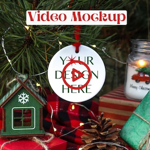 Video ornament Christmas mockup White round ceramic tree ornament mockup Video