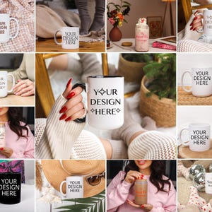 K&ouml;nnte beinhalten: Eine Sammlung wei&szlig;er Keramikbecher mit dem Aufdruck "YOUR DESIGN HERE". Die Becher sind in verschiedenen Umgebungen zu sehen, darunter ein gem&uuml;tliches Wohnzimmer, eine sonnige Terrasse und eine stilvolle K&uuml;che.