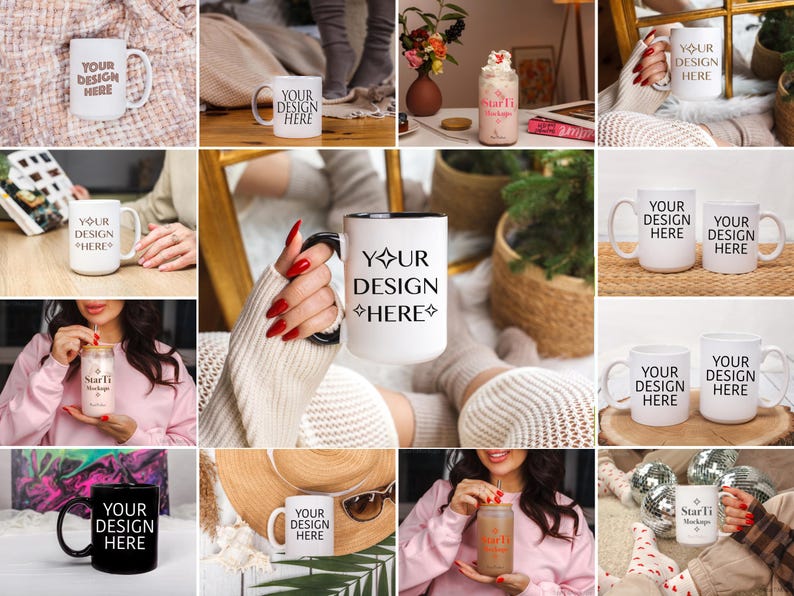 K&ouml;nnte beinhalten: Eine Sammlung wei&szlig;er Keramikbecher mit dem Aufdruck "YOUR DESIGN HERE". Die Becher sind in verschiedenen Umgebungen zu sehen, darunter ein gem&uuml;tliches Wohnzimmer, eine sonnige Terrasse und eine stilvolle K&uuml;che.