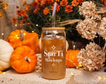 Sipper glass mockup 16oz Libbey glass can mock-up Real product mock Iced coffee Fall Halloween Glass cup