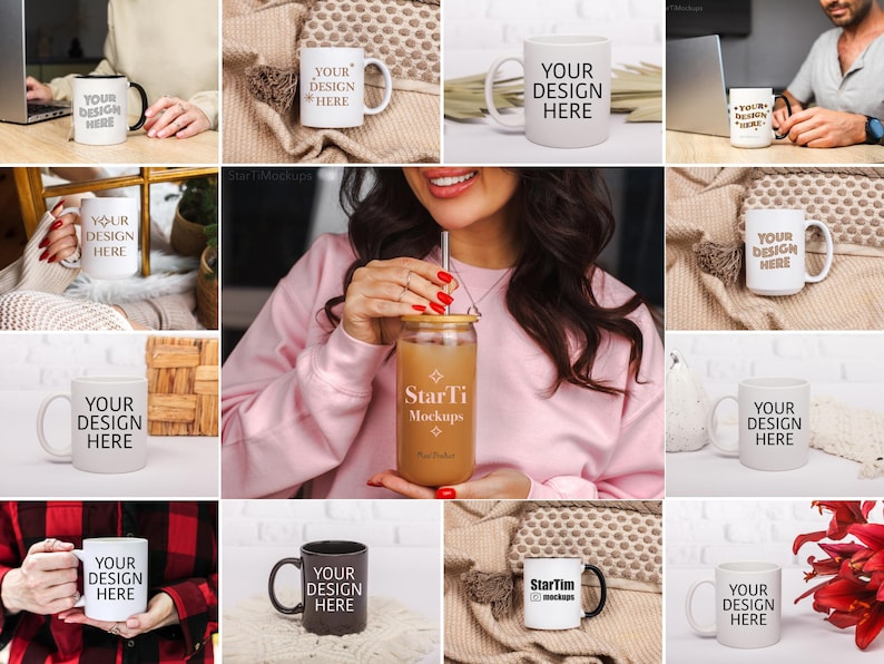 K&ouml;nnte beinhalten: Eine Sammlung wei&szlig;er Keramikbecher mit dem Aufdruck "YOUR DESIGN HERE". Die Becher sind in verschiedenen Umgebungen zu sehen, darunter auf einem Tisch, in einer Hand und auf einer Decke.