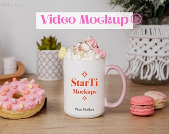 Video mug mockup Two tone mug Valentines Day mock-up 15oz Accent Pink handle mug Coffee cup mock