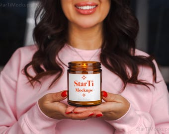 Valentines Day candle mockup Amber soy candle 9 oz Glass jar candle mock-up Trendy