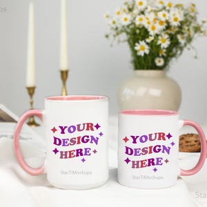 Pink accent mug mockup Two tone coffee mugs 15oz 11oz  Colored cup size mockup Listing image for POD