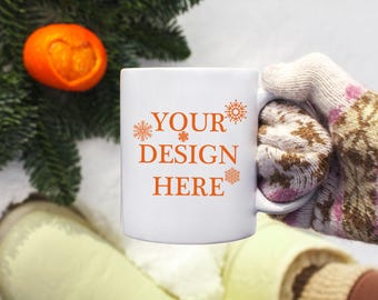 Coffee mug mockup 11 oz Outdoor mug mock up Ceramic cup mock-up Winter Holiday