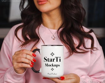 Colored handle mug Valentines Day mockup Accent mug 15oz Two tone mug mock up