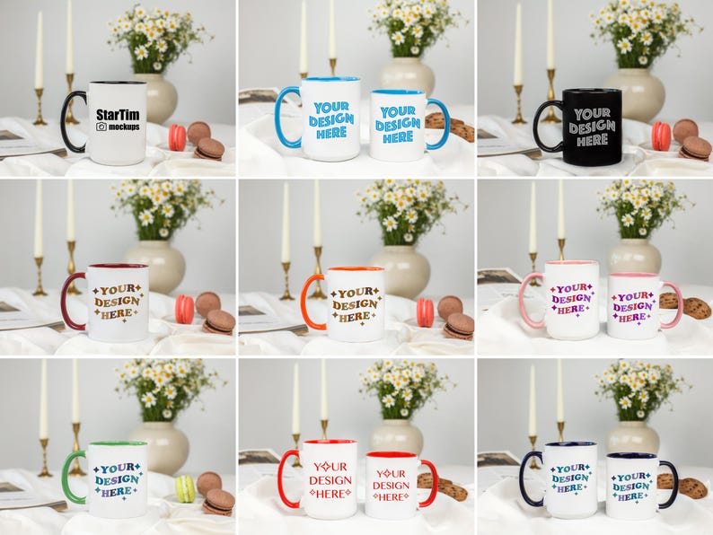 K&ouml;nnte beinhalten: Eine Mockup von neun wei&szlig;en Keramikbechern mit unterschiedlichfarbigen R&auml;ndern und Griffen. Jeder Becher tr&auml;gt den Text "YOUR DESIGN HERE". Die Becher sind in drei Reihen zu je drei angeordnet, mit einem Strau&szlig; wei&szlig;er Blumen in einer Vase hinter jeder Reihe.
