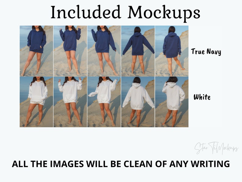 Puede incluir: Maquetas de una sudadera con capucha blanca y azul marino de gran tama&ntilde;o en una modelo de pie en una playa de arena. El texto "True Navy" y "White" es visible en la imagen.
