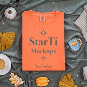 Comfort Colors C1717 Melon T-shirt Mockup | 1717 Folded Tshirt Flatlay Mock-up | Real Product Mock | Fall Orange Shirt Aesthetic