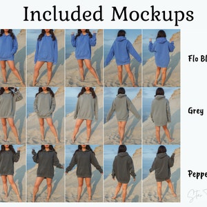 Puede incluir: Maquetas de una sudadera con capucha en tres colores: Flo Blue, Gris y Pepper. La modelo lleva la sudadera en diferentes poses en una playa de arena.