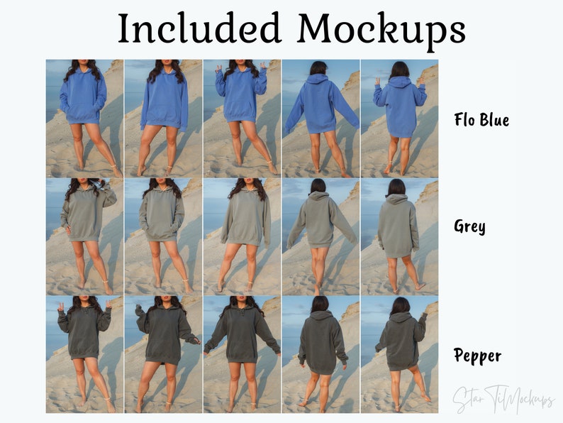 Puede incluir: Maquetas de una sudadera con capucha en tres colores: Flo Blue, Gris y Pepper. La modelo lleva la sudadera en diferentes poses en una playa de arena.