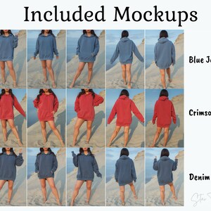 Puede incluir: Nueve maquetas de una sudadera con capucha en tres colores diferentes: azul vaquero, carmes&iacute; y denim. Cada color se muestra en tres poses diferentes en una modelo de pie en una playa de arena.