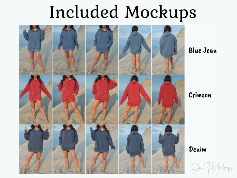 Puede incluir: Nueve maquetas de una sudadera con capucha en tres colores diferentes: azul vaquero, carmes&iacute; y denim. Cada color se muestra en tres poses diferentes en una modelo de pie en una playa de arena.