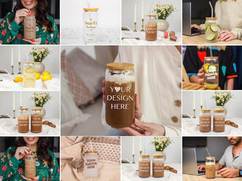 K&ouml;nnte beinhalten: Eine Sammlung von durchsichtigen Glasbechern mit Bambusdeckeln und Strohhalmen. Die Becher sind mit verschiedenen Getr&auml;nken gef&uuml;llt, darunter Kaffee, Eistee und Wasser. Einige der Becher haben den Text "Your Design Here" aufgedruckt.