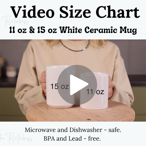 Coffee mug Video Size Chart 11oz 15oz Mug sizes chart Realistic two mugs mockup Video cup measurements guide
