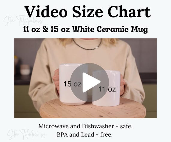 Coffee mug Video Size Chart 11oz 15oz Mug sizes chart Realistic two mugs mockup Video cup measurements guide