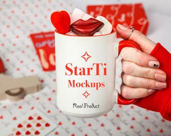 Valentines Day mug mockup Red handle accent mug mock-up Colorful mug Drinkware mock