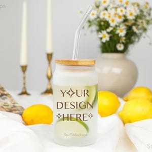 Frosted glass can mockup Sipper glass mock-up 16oz  Realistic glass tumbler mock Aesthetic beer can glass with bamboo lid