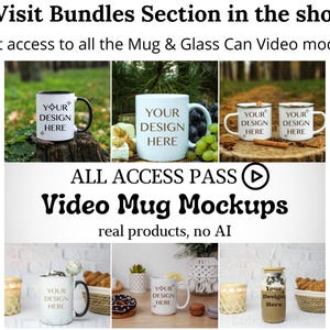May include: An advertisement for video mug mockups. The image features several white mugs with the text "YOUR DESIGN HERE" displayed on them. The text "ALL ACCESS PASS Video Mug Mockups" is also present, along with the phrase "real products, no AI."