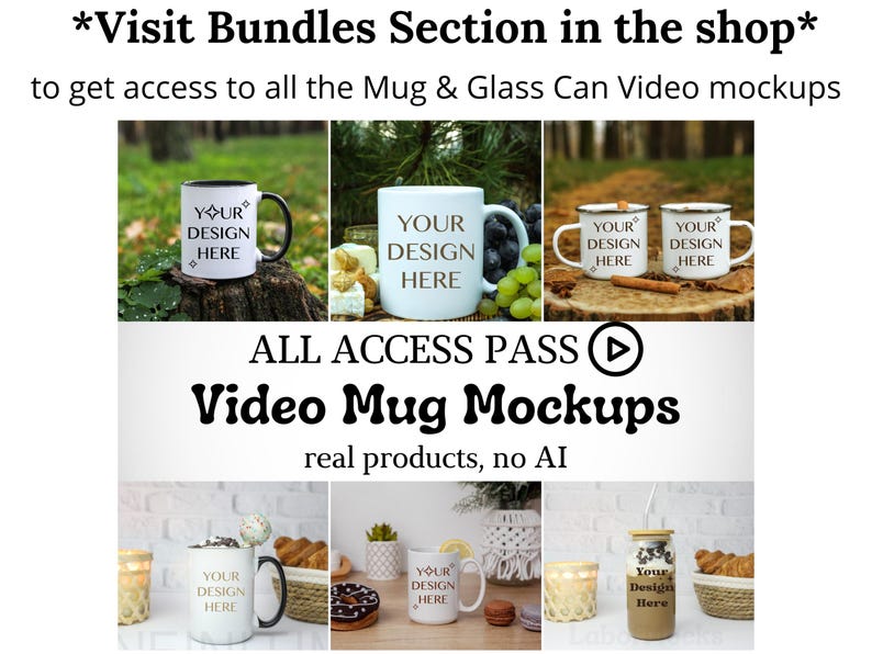 May include: An advertisement for video mug mockups. The image features several white mugs with the text "YOUR DESIGN HERE" displayed on them. The text "ALL ACCESS PASS Video Mug Mockups" is also present, along with the phrase "real products, no AI."