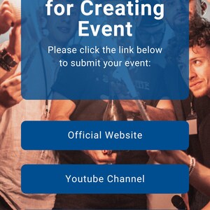 K&ouml;nnte beinhalten: Eine blaue und wei&szlig;e Grafik mit dem Text "Nothing Time for Creating Event". Unter dem Text befinden sich drei blaue Schaltfl&auml;chen: "Official Website", "Youtube Channel" und "Booking a Call".