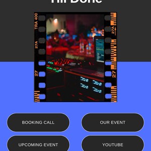K&ouml;nnte beinhalten: Eine blaue und schwarze Grafik mit dem Text "Organisieren Sie Ihre Veranstaltung bis zum Ende" und mehreren Schaltfl&auml;chen mit Text wie "Buchungsanruf", "Unsere Veranstaltung", "Bevorstehende Veranstaltung", "YouTube", "Offizielle Website", "Rabatt erhalten", "Sonderaktion" und "Unser Team".
