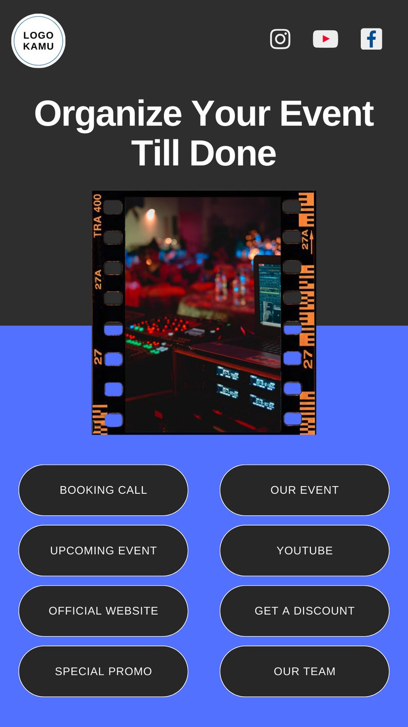 K&ouml;nnte beinhalten: Eine blaue und schwarze Grafik mit dem Text "Organisieren Sie Ihre Veranstaltung bis zum Ende" und mehreren Schaltfl&auml;chen mit Text wie "Buchungsanruf", "Unsere Veranstaltung", "Bevorstehende Veranstaltung", "YouTube", "Offizielle Website", "Rabatt erhalten", "Sonderaktion" und "Unser Team".