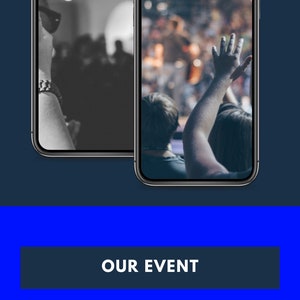 K&ouml;nnte beinhalten: Zwei Screenshots eines Mobiltelefons, auf dem eine Website mit blauem Hintergrund und drei Schaltfl&auml;chen angezeigt wird: "Unsere Veranstaltung", "Kommende Veranstaltungen" und "Website".