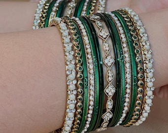 Small Green Pearly  Bangle Set - Both Arms Indian/ Pakistani/Jewellery/ Fashion Bracelet