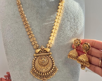 Lange tempelsieraden ketting oorbellen set Zuid-Indiase tempelketting set antieke gouden tempelsieraden Statement tempelketting