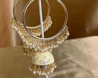 Cream - Hand Painted Jhumka Hoop Earrings/ Fashion Jewellery/ Gift for Women/Indian/Pakistani style