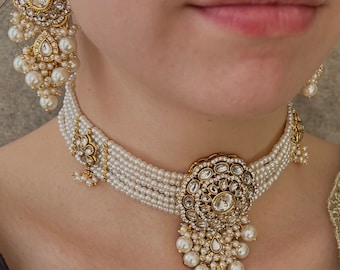 Faux Kundan Clear Pearl Choker set Earring/ Tikka/ Tikli/ Indian/ Pakistani/Fashion Jewellery/ Gift for Women/