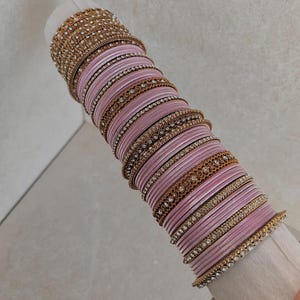 Slightly Imperfect Pink & Gold Bangle Set – 2.10 Indian Bangles for Both Arms – Clear Gemstones, Barbie Pink, Sale