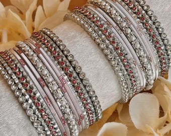 Mini Silver Pink Bangle Set Indian Pakistani Jewellery White