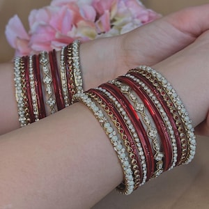 Small Maroon Pearly Indian Bangle Set - Both Arms Indian/ Pakistani/Jewelley/ Fashion Bracelet