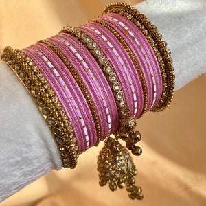 Midi Green Jhumka Bangle Set - Both Arms 2.6/ Bridal Green Bangle Set/ Antique Gold Kada & Jhumka Bangle Set/Bridal Jewellery