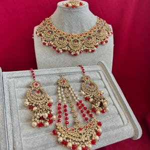 Red Bridal Necklace Set with Jhumar | Indian Pakistani Wedding Jewelry | Antique Gold Choker Earrings Tikka | Traditional Rani Bridal Set