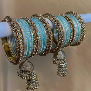 Midi Mint & Golden Bangle Set Both Arms - 2.6  - Slightly Imperfect Jhumkas/Jhumka Bangles