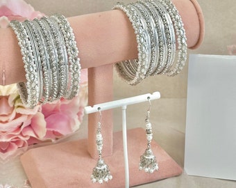 Silver Small Bangle Set with Earrings/Indian/ Pakistani/Jewelley/ Fashion Bracelet/small bangle/ wedding party/Valentines gifts