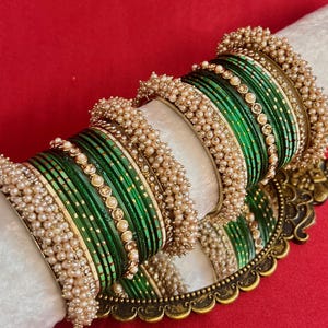 Small Green Gold Pearly Bangle Set/Green Bangles Bangle Set Green Bangles Pearly Bangles Indian Bangles Bridal Bangles